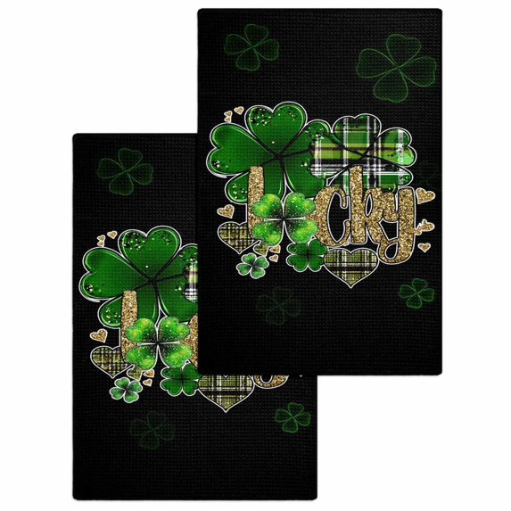 St. Patrick's Day Kitchen Dish Towels for Drying Dishes Set of 2, Spring Green Shamrock Gold Lucky Love Black Waffle Weave Microfiber Hand Tea Bathroom Towels Quick Dry & Absorbent Towel 15.7x23.6