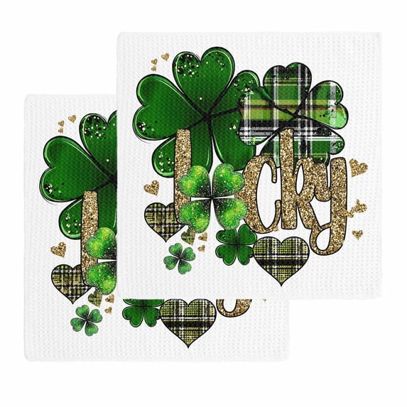 St. Patrick's Day Kitchen Dish Towels for Drying Dishes Set of 2, Spring Shamrock Leaf Gold Love Lucky Green Waffle Weave Microfiber Hand Tea Bathroom Towels Quick Dry & Absorbent Towel 12x12