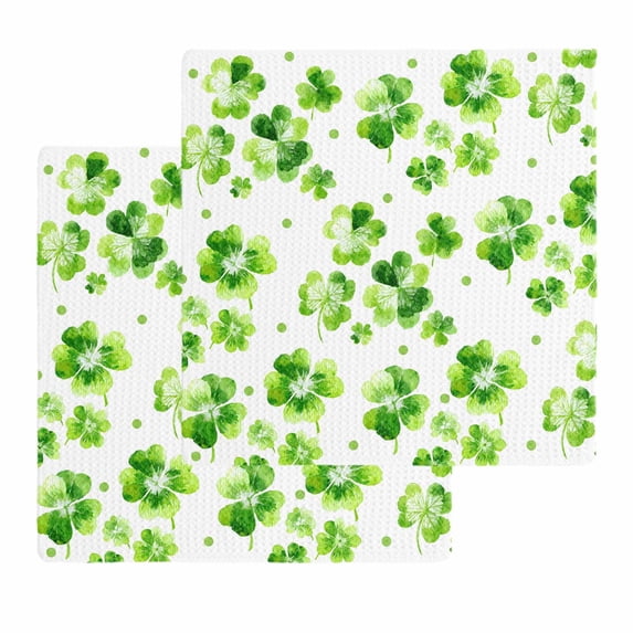 St. Patrick's Day Kitchen Dish Towels for Drying Dishes Set of 2, Watercolor Lucky Shamrock Polka Dots Green Waffle Weave Microfiber Hand Tea Bathroom Towels Quick Dry & Absorbent Towel 12x12
