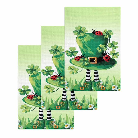 St. Patrick's Day Kitchen Dish Towels for Drying Dishes Set of 3, Lucky Shamrock Hat Ladybirds Daisy Ombre Green Waffle Weave Microfiber Hand Tea Bathroom Towels Quick Dry & Absorbent Towel 15.7x23.6