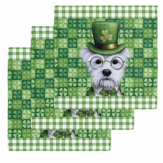 St. Patrick's Day Kitchen Dish Towels for Drying Dishes Set of 3, Spring Lucky Shamrock Cute Puppy Green Plaid Waffle Weave Microfiber Hand Tea Bathroom Towels Quick Dry & Absorbent Towel 12x12