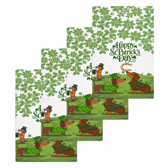 St. Patrick's Day Kitchen Dish Towels for Drying Dishes Set of 4, Green Lucky Clovers Dog Waffle Weave Microfiber Hand Tea Bathroom Towels Quick Dry & Absorbent Towel 15.7x23.6