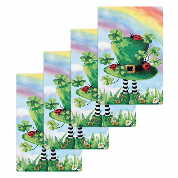 St. Patrick's Day Kitchen Dish Towels for Drying Dishes Set of 4, Green Shamrock Hat Ladybirds Daisy Rainbow Waffle Weave Microfiber Hand Tea Bathroom Towels Quick Dry & Absorbent Towel 15.7x23.6
