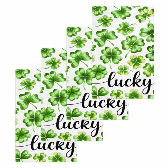 St Patrick's Day Kitchen Dish Towels for Drying Dishes Set of 4, Lucky Shamrock Leaf Plants Spring Green Waffle Weave Microfiber Hand Tea Bathroom Towels Quick Dry & Absorbent Towel 15.7x23.6