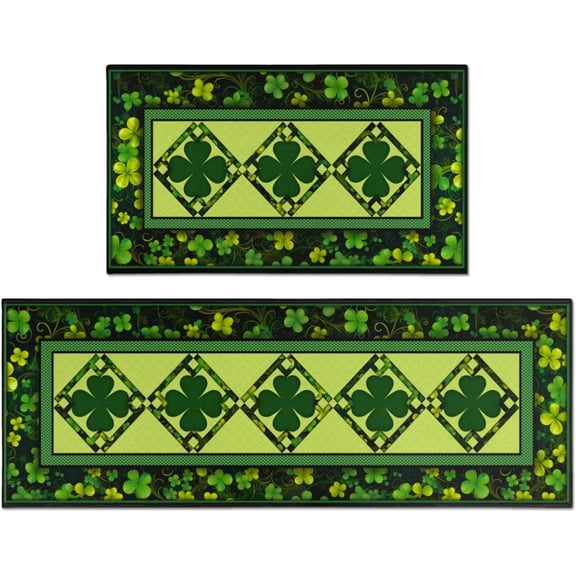St.Patrick''s Day Kitchen Rug Set of 2, Classic Green Buffalo Plaid Shamrock Non-Slip Kitchen Mat, Irish Home Decor St. Patrick''s Day Holiday Decoration - 17 x 30 Inch and 17x47 Inch