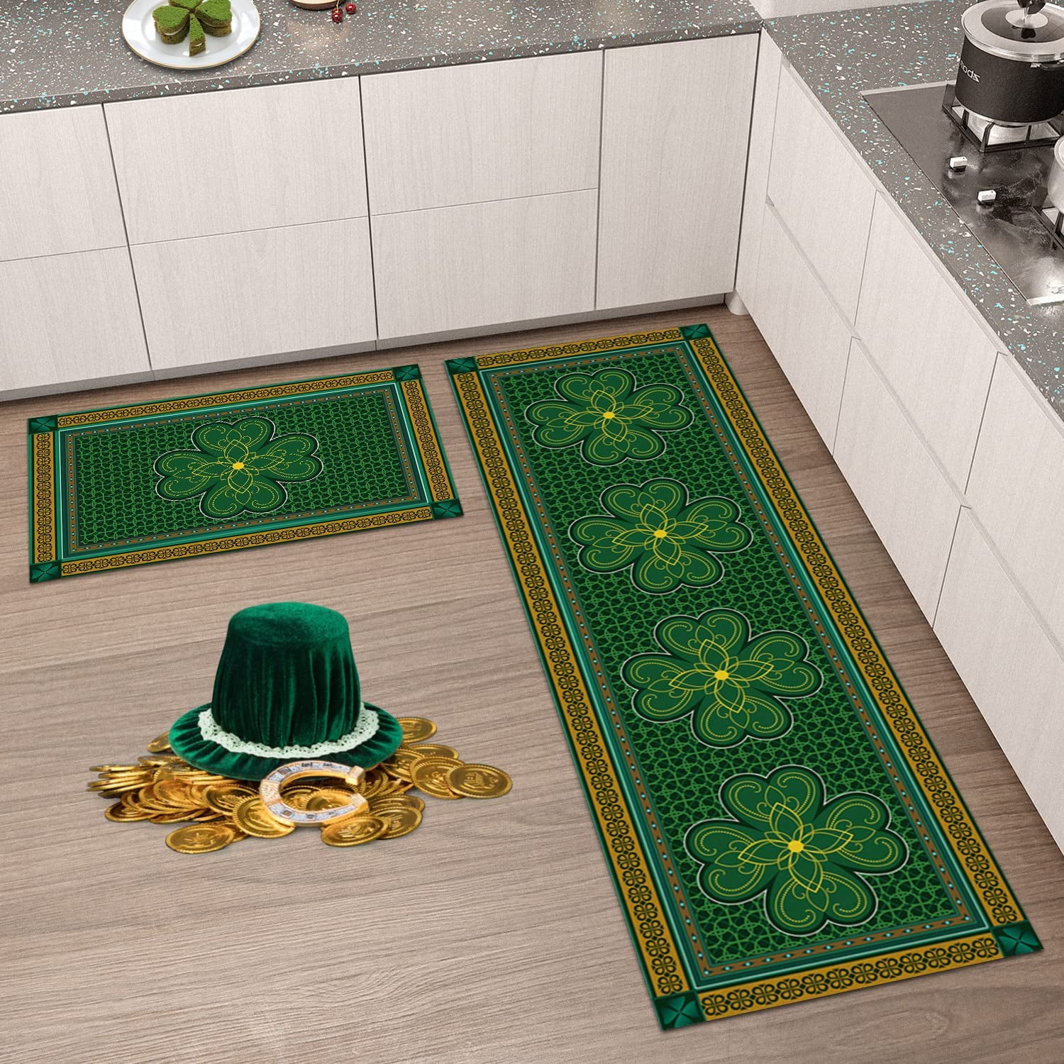 St. Patrick''s Day Kitchen Rugs and Mats, Irish Traditional Shamrock Floor Doormat Washable Comfort Runner Carpet 2 Piece Non-Slip Rubber Backed Area Rugs for Indoor Decor Classic Celtic Lucky Clover