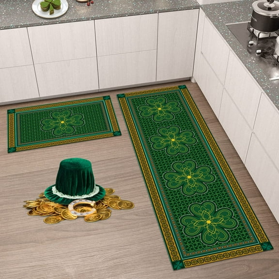 St. Patrick''s Day Kitchen Rugs and Mats, Irish Traditional Shamrock Floor Doormat Washable Comfort Runner Carpet 2 Piece Non-Slip Rubber Backed Area Rugs for Indoor Decor Classic Celtic Lucky Clover