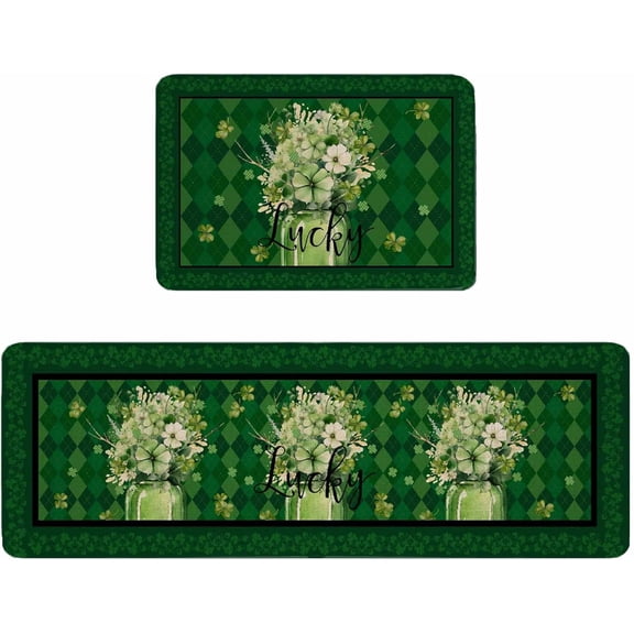 St. Patrick''s Day Kitchen Rugs and Mats Set of 2, Non-Slip Kitchen Sink Mat, Dark Green Lucky S Botanical Doormat Bathroom Rugs Runner for Bedroom/Living Room 17.7"x30"+17.7"x47.2"