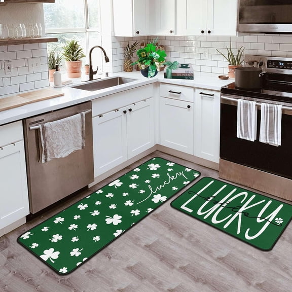 St. Patrick''s Day Kitchen Rugs Set of 2, Saint Patricks Day Decorations Non Slip Backing Hello Lucky Clover Green Shamrock Kitchen Mats for Floor Irish Holiday Home Decor 17"X47"+17"X30"