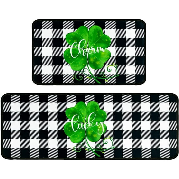 St. Patrick's Day Kitchen Rugs Set Set of 2,Lucky Charm Clover Shamrock Black and White Buffalo Plaid Kitchen Rugs Low-Profile Floor Mats Decorations for Home Kitchen (17"x47"+17"x30")