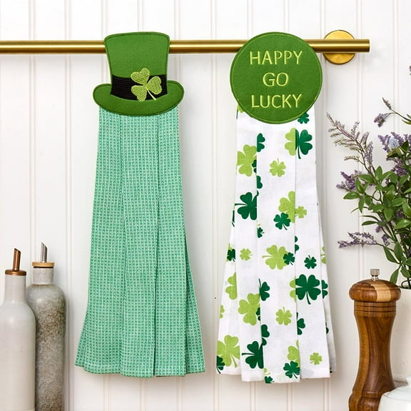 St Patrick's Day Kitchen Tie Towels Happy Go Lucky Set of 2