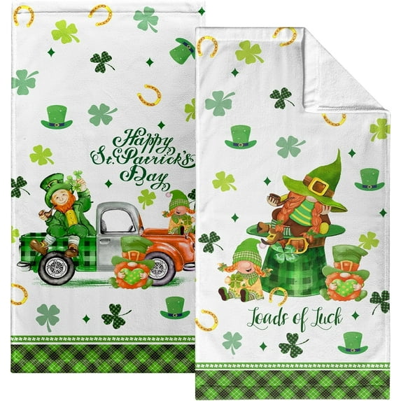 St. Patrick's Day Kitchen Towel Watercolor Shamrock Clover Truck Dish Towel Green Plaid Home Decor Hand Towel Gnome with Hat Bathroom Towels for Cooking Cleaning Wipes, 14.4x28.3 Inch, 2 Pcs