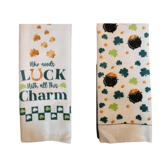 St. Patricks Day Kitchen Towels, 2-Pack, Holiday Dish Towels with Shamrock, Clover & Charm Designs, Seasonal Irish-Themed Kitchen Decor