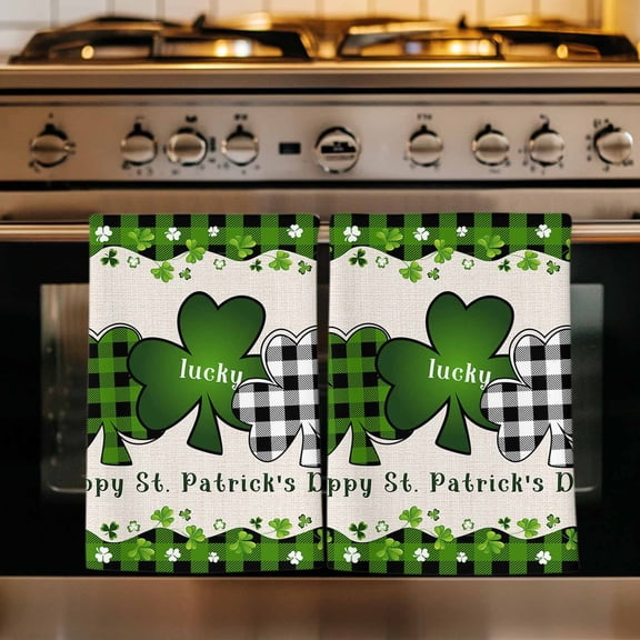 St. Patrick's Day Kitchen Towels Set of 1, Green and Black Checkered Lucky Absorbent Dish Towels for Kitchen, Microfiber Hand Towel, Quick Drying Tea Towel for Cleaning Decorative Dishcloths
