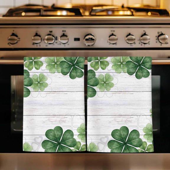 St. Patrick's Day Kitchen Towels Set of 1, Green Lucky Shamrock Leaf Wooden Gray Absorbent Dish Towels for Kitchen, Microfiber Hand Towel, Quick Drying Tea Towel for Cleaning Decorative Dishcloths