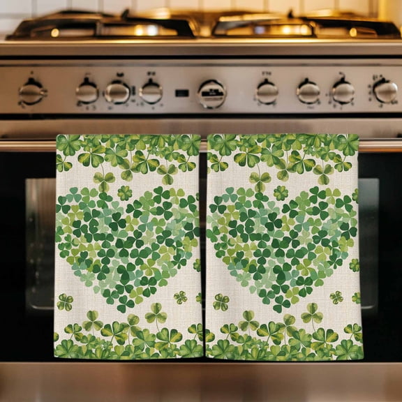 St Patrick's Day Kitchen Towels Set of 1, Green Shamrock Love Plants Retro Rustic Beige Absorbent Dish Towels for Kitchen, Microfiber Hand Towel, Quick Drying Tea Towel for Cleaning Dishcloths