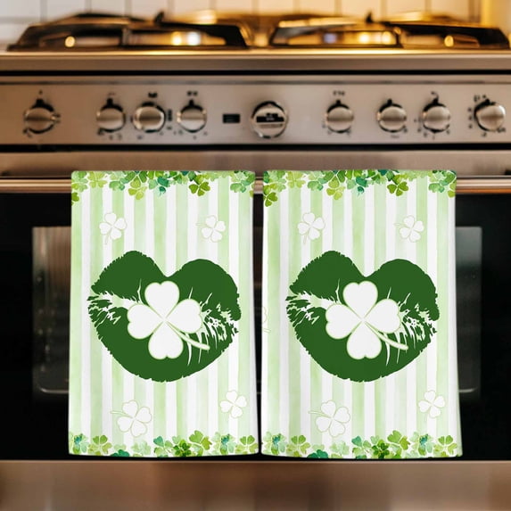 St. Patrick's Day Kitchen Towels Set of 1, Lucky Shamrock Leaves Lips Green Stripes Absorbent Dish Towels for Kitchen, Microfiber Hand Towel, Quick Drying Tea Towel for Cleaning Decorative Dishcloths