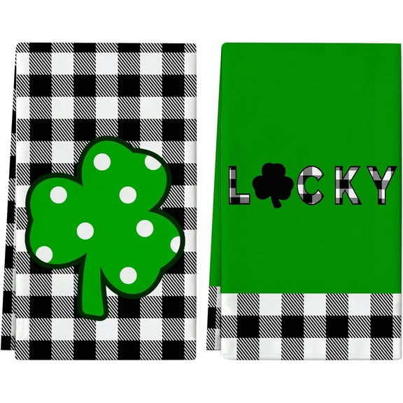 St. Patrick''s Day Kitchen Towels Set of 2 Buffalo Plaid Shamrock Dish Towel Tea Towels for Kitchen 16x27 Inch Absorbent Drying Cloth Cooking Baking Cleaning