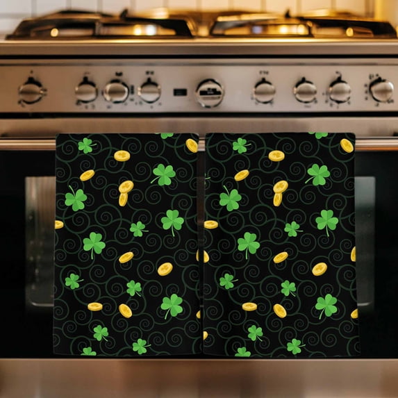 St. Patrick's Day Kitchen Towels Set of 2, Green Shamrock Gold Coin Minimalist Black Absorbent Dish Towels for Kitchen, Microfiber Hand Towel, Quick Drying Tea Towel for Cleaning Dishcloths