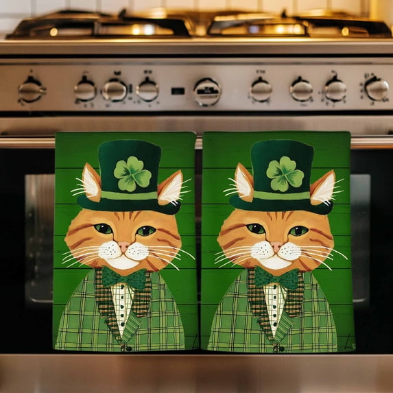 St. Patrick's Day Kitchen Towels Set of 3, Cute Kitten Cats Shamrock Leaf Wood Green Absorbent Dish Towels for Kitchen, Microfiber Hand Towel, Quick Drying Tea Towel for Cleaning Dishcloths