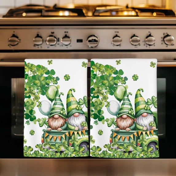 St Patrick's Day Kitchen Towels Set of 4, Lucky Shamrock Tree Gnomes Truck Leaf Green Absorbent Dish Towels for Kitchen, Microfiber Hand Towel, Quick Drying Tea Towel for Cleaning Dishcloths