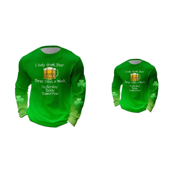St. Patrick's Day Knit Pattern Long Sleeve T-Shirt, Men's Printed Irish Clover Shamrock Tops