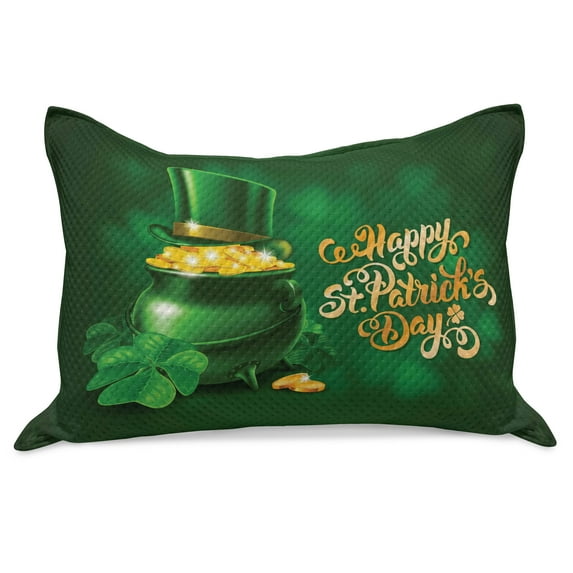 St. Patrick's Day Knitted Quilt Pillowcover, Large Pot of Gold Leprechaun Hat Shamrocks Greetings 17th March, Standard King Size Pillow Cover for Bedroom, 30" x 20", Yellow and Emerald, by Ambesonne