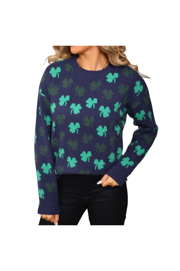 St Patrick's Day Knitted Sweater for Women Lucky Irish Shamrock Pullover Sweatshirt Tops