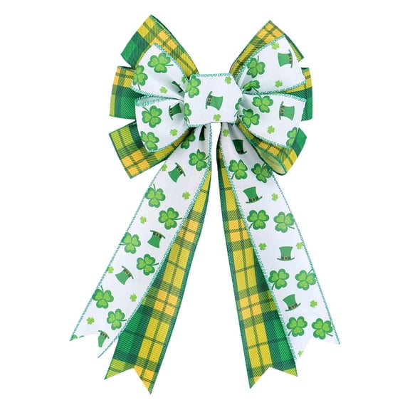 St. Patrick's Day Large Bow, 13.8 Inch Green & White Burlap Bow for Tree Topper Wreath Door, Polyester Indoor Outdoor St. Patrick's Day Decoration