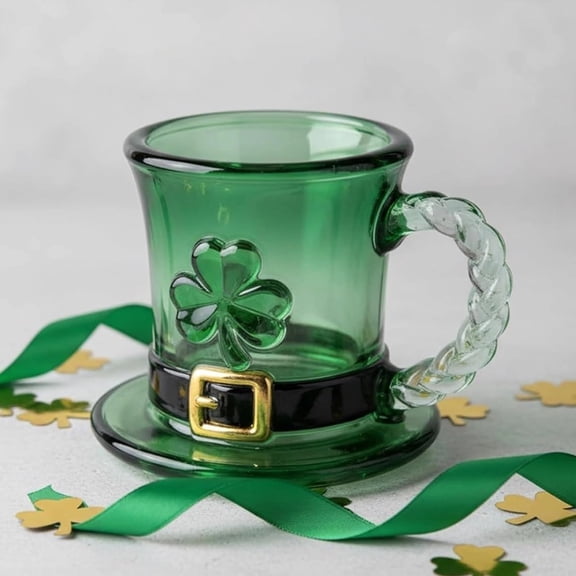 St. Patrick's Day Leprechaun Hat Glass Mug, Lucky Shamrock Leprechaun Hat Glass Mug - 11oz Emerald Green Coffee Cups
