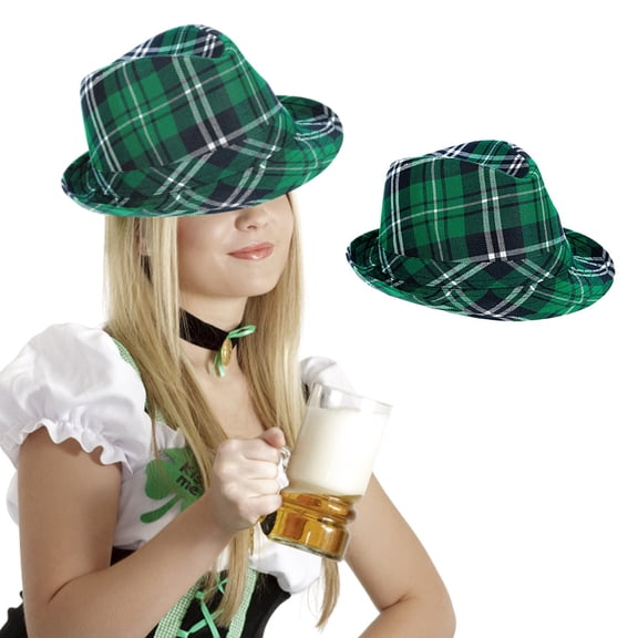 St. Patrick's Day Leprechaun Hat for Adults &, Irish Plaid Green Fedora Costume Accessory for Men Women