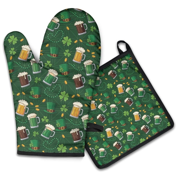 St. Patrick's Day Leprechauns Kitchen Oven Mitt and Pot Holder Set 2 Pcs, Heat Resistant Up To 392 °F, for Baking, Cooking and Grilling