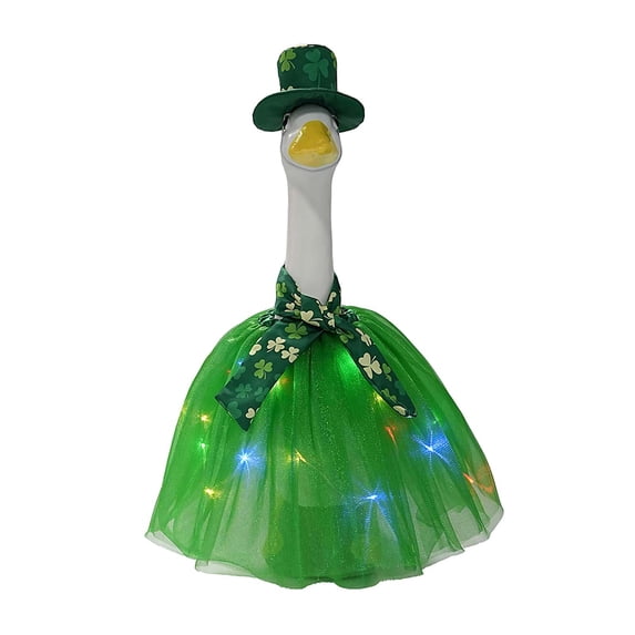 St Patrick's Day Lighted Porch Goose Outfit 3 Piece Set With Tutu Scarf And Hat For 19-23 Inch Lawn Geese Holiday Yard And Evening Decor