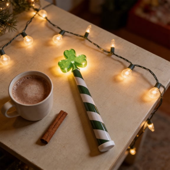 St. Patrick's Day Lighted Shamrock Wand, Green & White Striped LED Clover Magic Wand, Festive Glowing Wand Gift, for St. Paddy's Day Party, Mantel, Kitchen & Home Holiday Decor