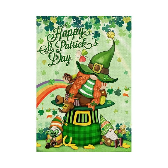 St. Patrick's Day Linen Garden Flag, Leprechaun & Shamrock Themed Outdoor Patio Decor (12.2x9.05 Inches)