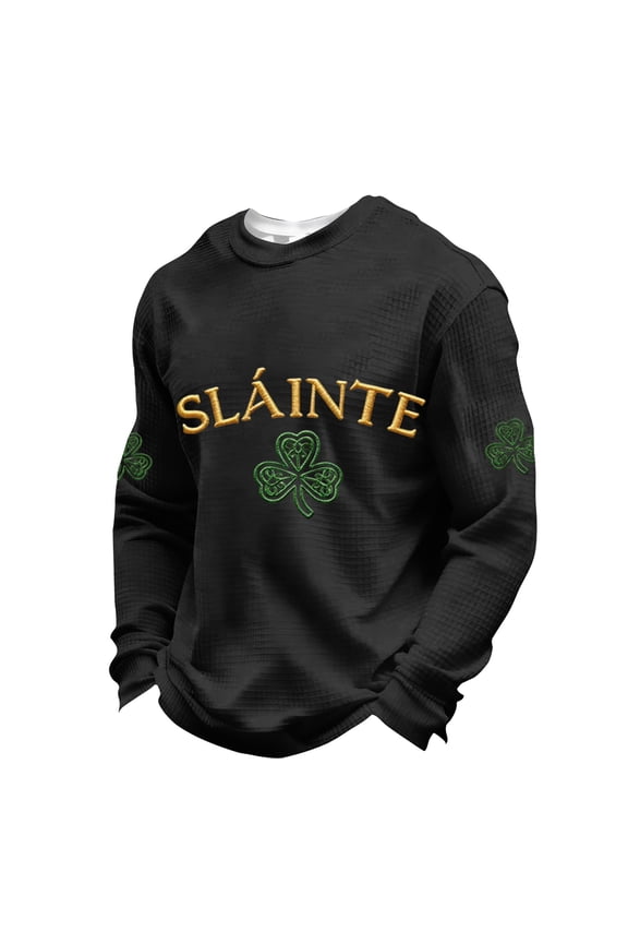 St. Patrick's Day Long Sleeve Shirt for Men Crew Neck Irish Clover Celtic Cross Green Pullovers St. Patrick's Day Sweater Outdoor Holiday Casual Shirts,Black L