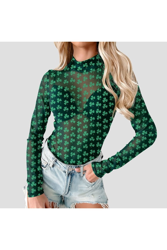 St. Patrick's Day Long-Sleeved Bodysuits for Women See Through Green Irish Printed Romper Women Fashion