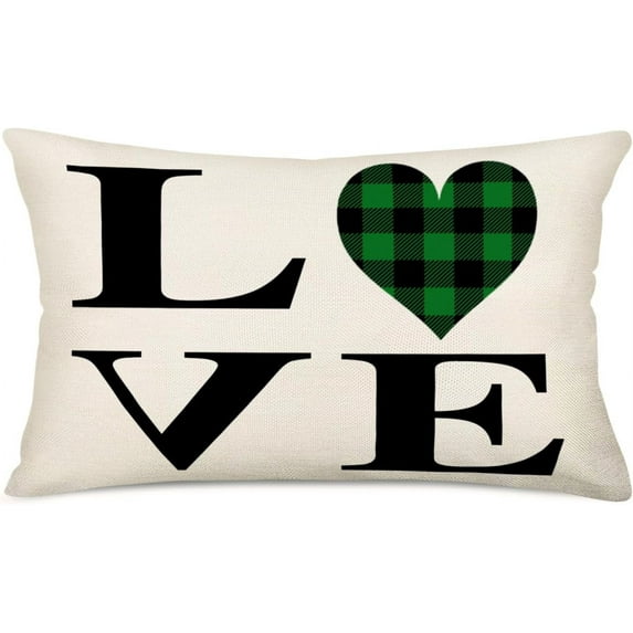 St Patrick‘s Day Love Clover Pillow Cover Green Black Buffalo Plaid Check Shamrocks Home Spring Holiday Farmhouse Decorative Throw Lumbar Pillow Covers 12x20 Inch Cushion Case