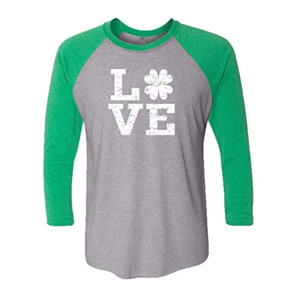 St. Patrick's Day Love with Four Leaf Clover Ladies Baseball Tee-Green/Heather Gray-XXL