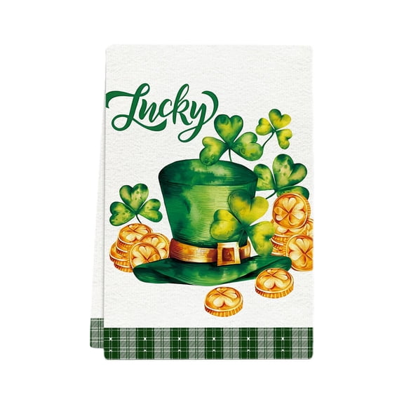 St. Patrick's Day "Lucky Charm" Kitchen Towel, 25.9x17.7" Lucky Theme Shamrock-Patterned Green Dish Cloth & Table Decor
