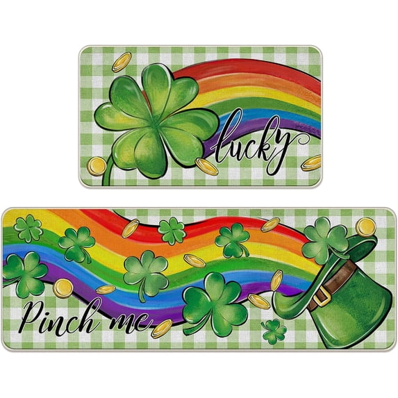 St. Patrick''s Day Lucky Clover Kitchen Rugs Set of 2, Shamrock Hat Rainbow Plaid Check Farmhouse Kitchen Mats Decor, Pinch Me Gold Irish Floor Door Mat Home Decorations -17x29 and 17x47 Inch