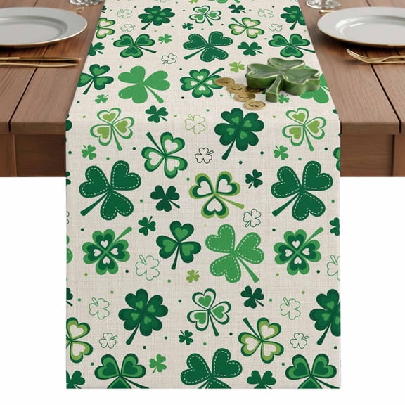 St. Patrick's Day Lucky Clovers Leaves Table Runner-36 Inch Long Irish Green Leaves Flax Table Runners Linen Burlap Tablerunner for Kitchen Dining Room Holiday Party