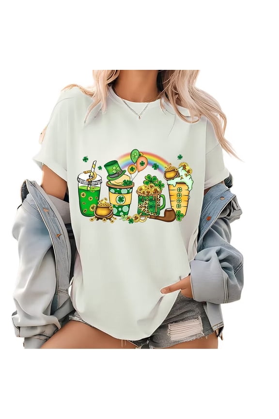 St. Patrick's Day Lucky Coffee Cups and Rainbow Graphic Tees T Shirt Trendy Casual Tops Short Sleeve White S-5XL