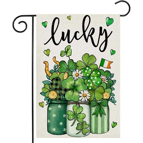 St Patrick''s Day Lucky Garden Flag 12.5 x 18 Inch Shamrock Clovers Mason Jar Double Sided Small Flag for Farmhouse Yard Holiday Decor