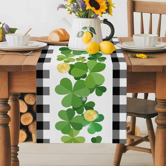 St. Patrick's Day Lucky Green Gold Coin Table Runner Dresser Scarf,Kitchen Dining Table Decoration Black White Plaid Linen Table Runners for Home Wedding Indoor Outdoor Party,13x70in
