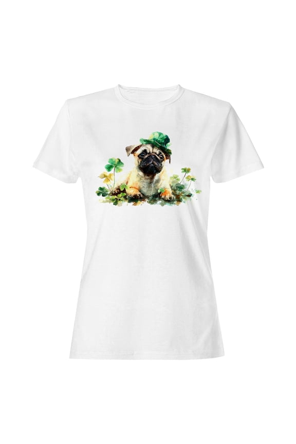 St. Patrick's Day Lucky Pug with Shamrocks Hat Women's T-shirt