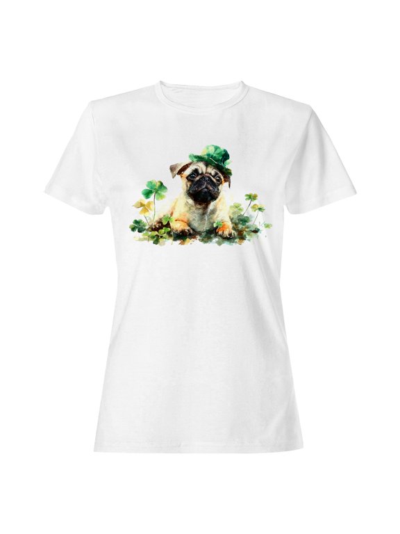 St. Patrick's Day Lucky Pug with Shamrocks Hat Women's T-shirt