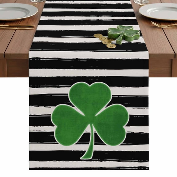 St. Patrick's Day Lucky Shamrock Black Stripe Table Runner 13 x 36 Inch, Washable Cotton Linen Dining Table Runner Tabletop Decorations for Restaurant Home Kitchen Party