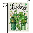 thumbnail image 1 of St. Patrick''s Day Lucky Shamrock Clover Garden Flag Double Sided, Green Mason Jar Daisy Flower Decorative Yard Outdoor Home Small Decor, Gold Horseshoe Irish Holiday Outside Decoration 12.5 x 18, 1 of 6