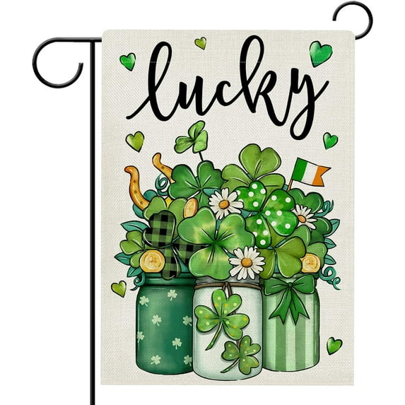 St. Patrick''s Day Lucky Shamrock Clover Garden Flag Double Sided, Green Mason Jar Daisy Flower Decorative Yard Outdoor Home Small Decor, Gold Horseshoe Irish Holiday Outside Decoration 12.5 x 18